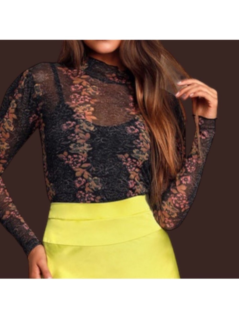 FREE PEOPLE Amber Black Floral Print Mesh Mock Neck Top M